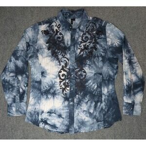 Smash Men's Shirt Large Navy Blue Pearl Snaps Embroidered Tie-Dye Long‎ Sleeve
